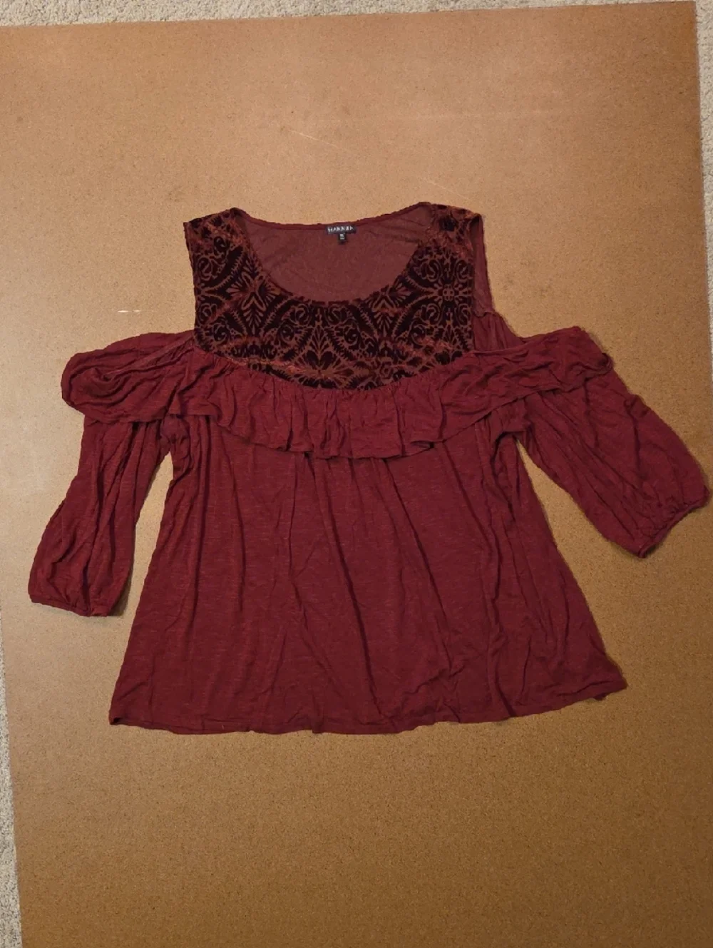Hannah Wine Cold-Shoulder Ruffle Blouse - Picture 1 of 4